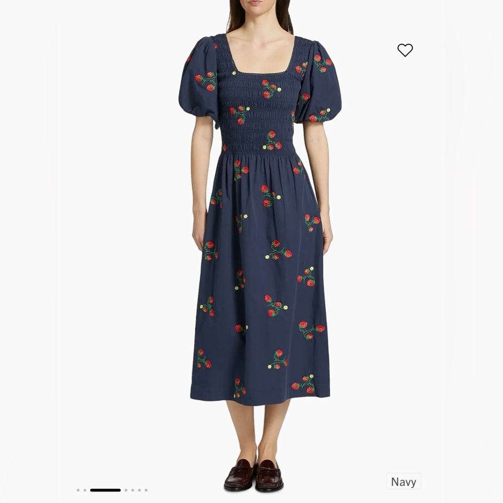 NWT Damson Madder Lauren Strawberry Embroidered Midi Dress Brand New